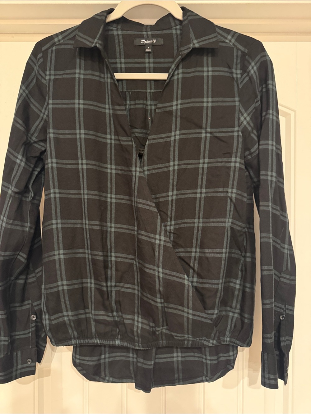 Madewell Black and Teal Plaid Button-Front Blouse